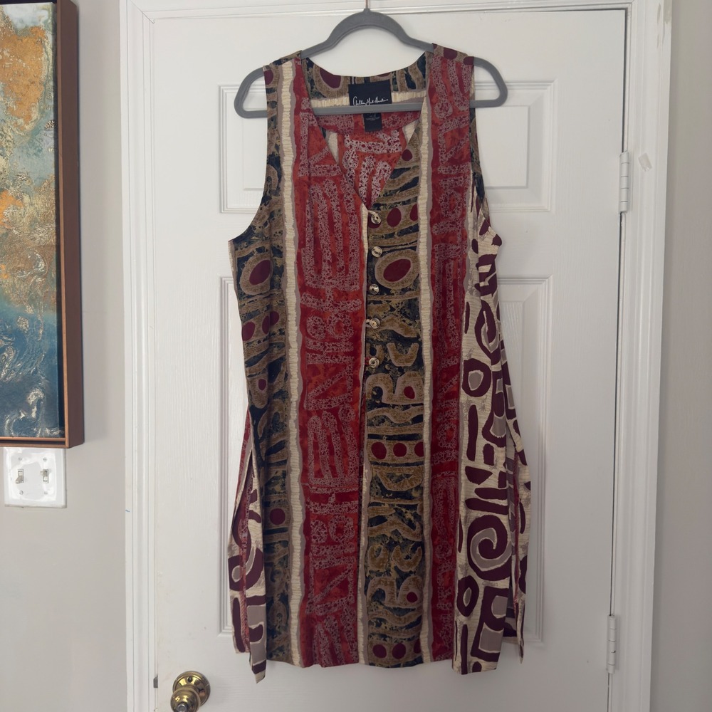 Anthony Mark Hankins Abstract Print Duster Vest Size 14 Art to Wear Longline USA